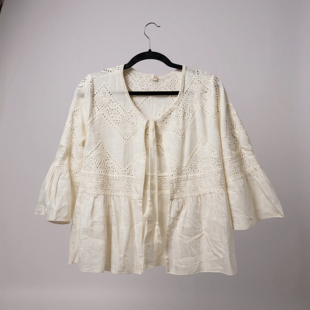 White Eyelet Tassel Tie V Neck‎ Bell Sleeve Peasant Top Blouse Women's Small